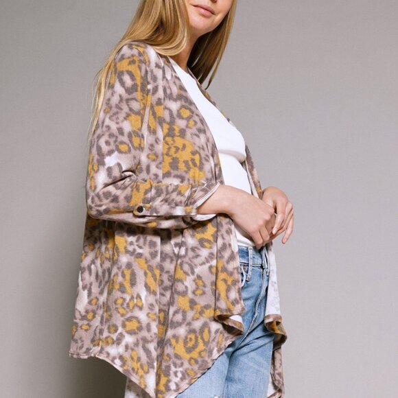 MYSTREE Leopard Print Waterfall Cardigan Brown Mustard Draped Open Front - Picture 5 of 8